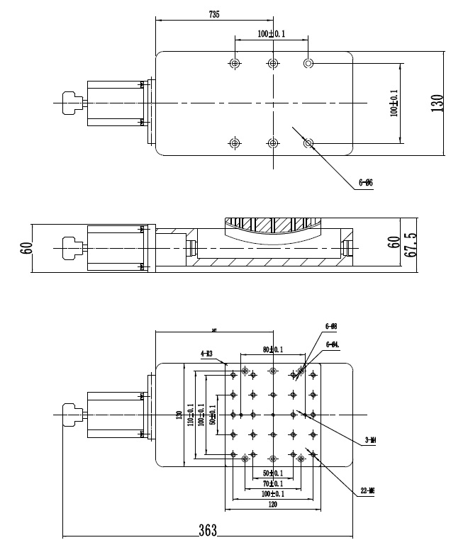 Mechanical Drawing of Motorized Goniometer Table, Table Size: 120 mm × 130 mm, Range of Travel: +/-15 Degrees